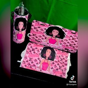 Black Barbie shirt, tumbler, and custom license plate set.